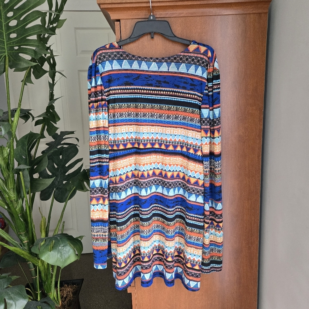 Long Elegant Legs Blue and Orange Multi-Pattern Long Sleeve Top - Picture 2 of 4